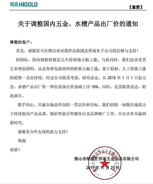 五金、水槽涨价
