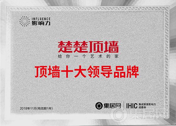 楚楚顶墙“2018年度顶墙十大领导品牌”奖牌